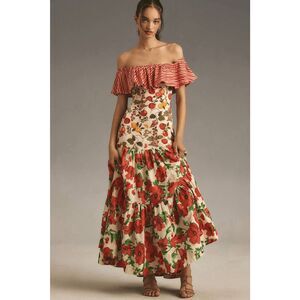 Anthropologie Red and Cream Floral Maxi Dress